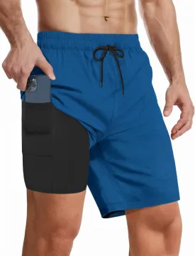 Buauty Mens Swim Trunks with Compression Liner 7 Inch Inseam Quick Dry Swim Shorts Mens Swimsuit Board Shorts with Pockets