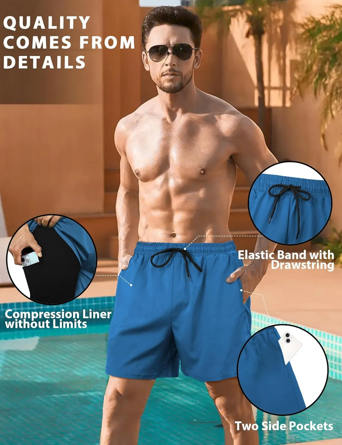 Buauty Mens Swim Trunks with Compression Liner 7 Inch Inseam Quick Dry Swim Shorts Mens Swimsuit Board Shorts with Pockets