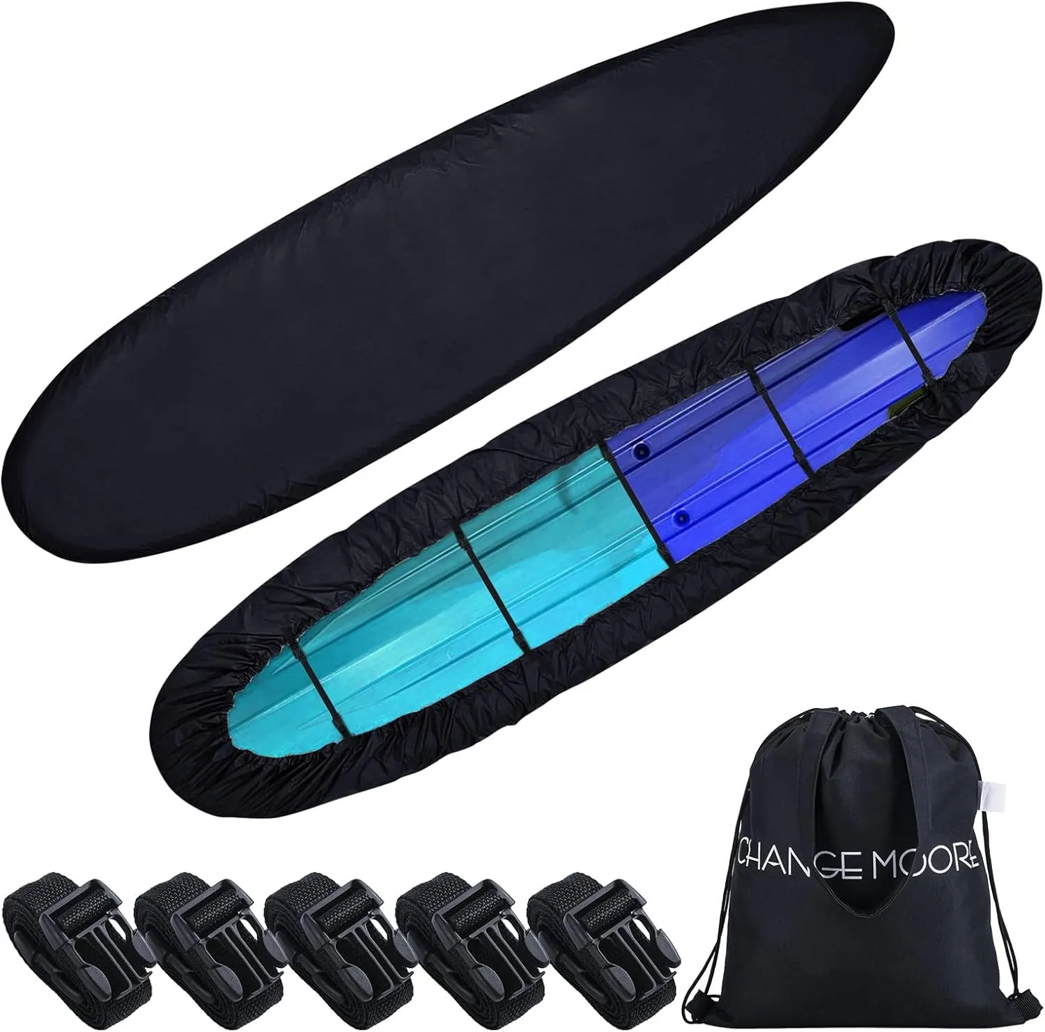 CHANGE MOORE Kayak Cover Waterproof With Storage Bag, 600D Oxford Fabric for 13.2-14.5 ft Boats, 5 Straps for Wind and Dust Protection, Suitable for Paddle Boards, Canoes, Fishing Boats
