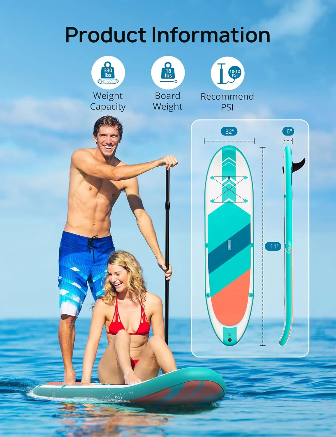 EVAJOY Inflatable Paddle Board 6'' Thick Around Stand Up Paddle Board with Portable iSUP Accessories & Waterproof Bag, Portable Hand Pump for Racing Touring Fishing , Safety Leash, Main Fin