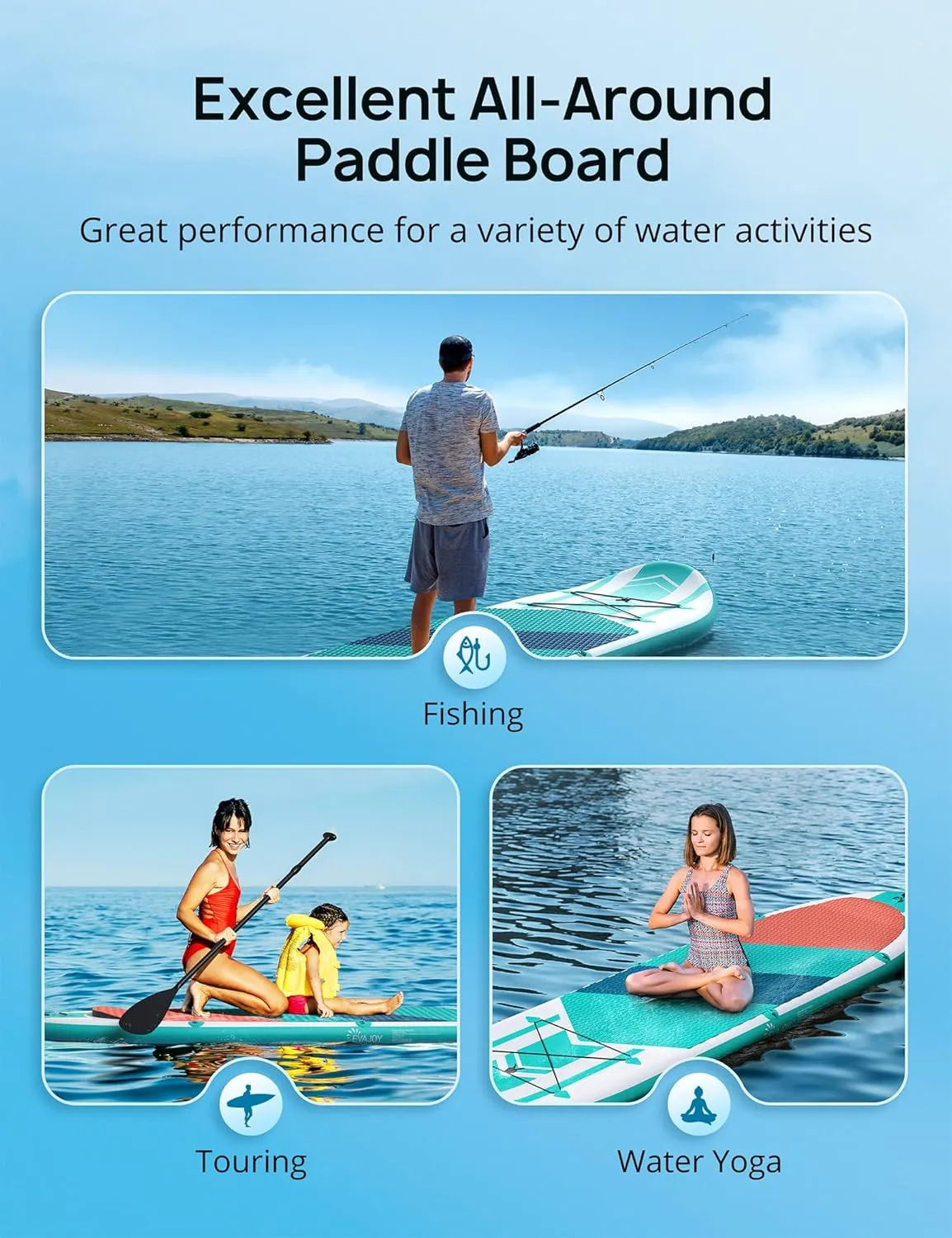 EVAJOY Inflatable Paddle Board 6'' Thick Around Stand Up Paddle Board with Portable iSUP Accessories & Waterproof Bag, Portable Hand Pump for Racing Touring Fishing , Safety Leash, Main Fin