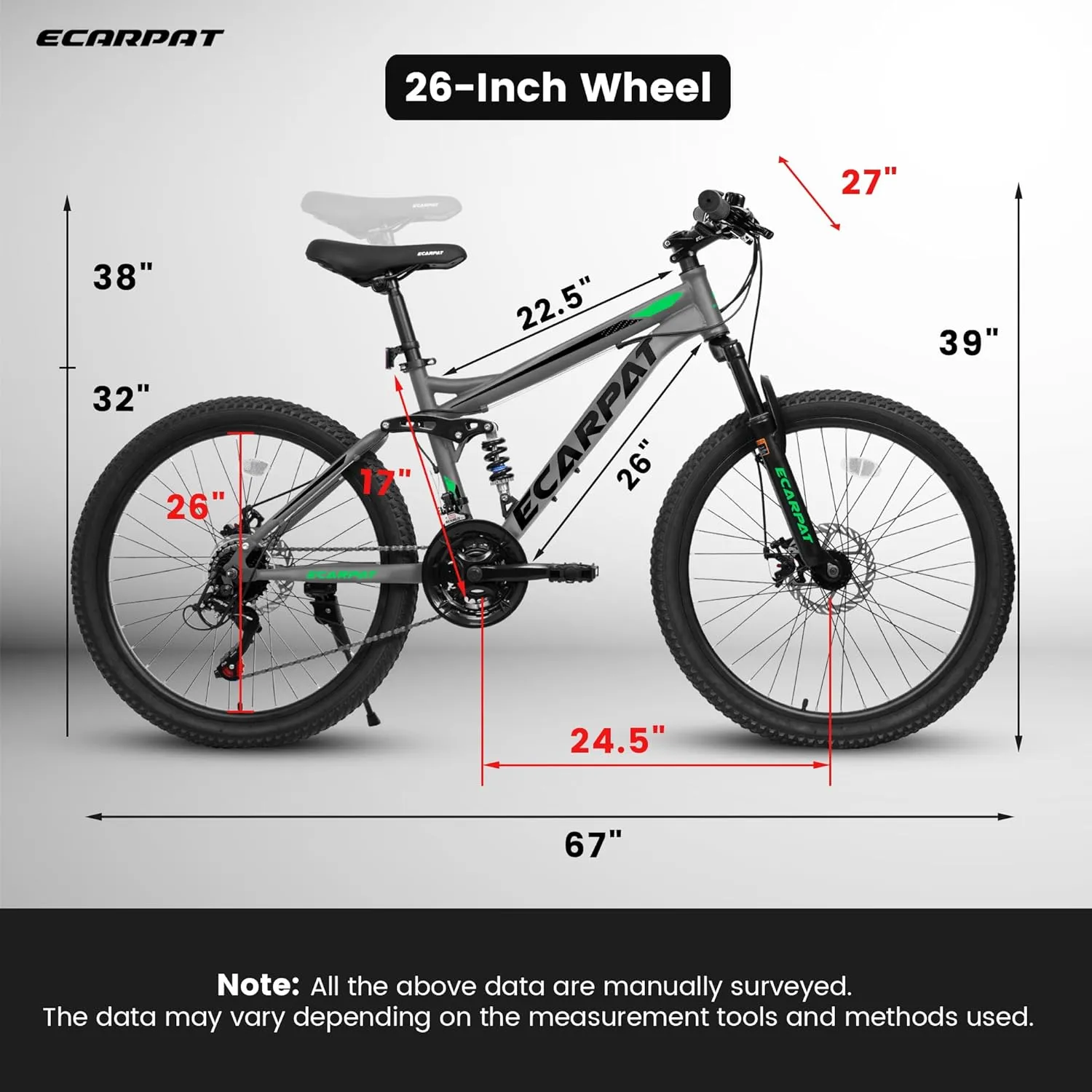 Full Dual Suspension Mountain Bike 24/26/27.5 Inch, Mountain Bike for Mens Womens, Student Work with 21-Speed Disc Trail Commuter City Snow Bicycles