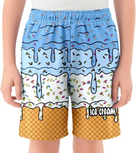 Ice Cream Shorts Boys Swim Trunks Elastic Waist with Pockets Summer Cool Cute Preppy Ice Cream Drip Baseball Shorts