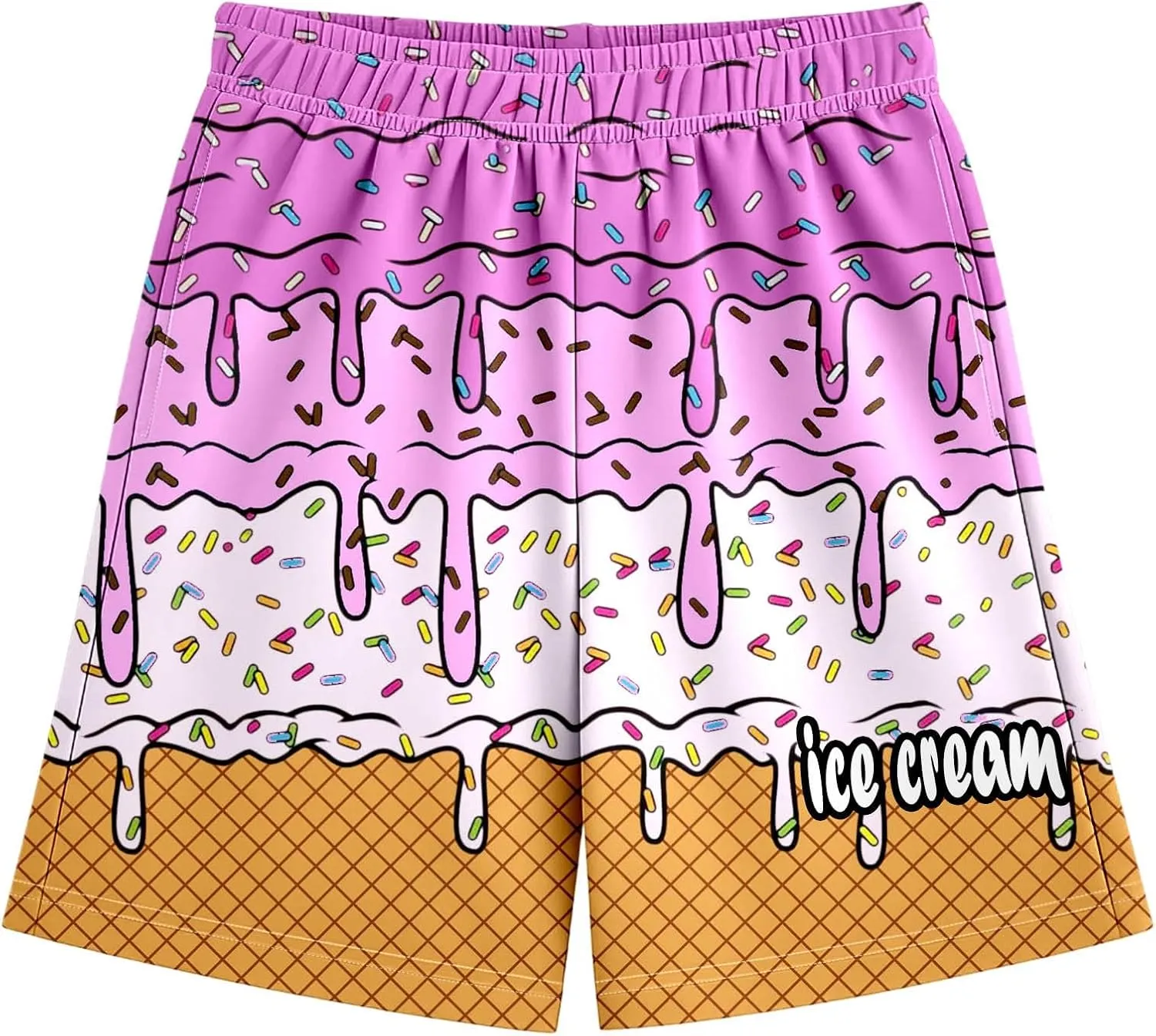 Ice Cream Shorts Boys Swim Trunks Elastic Waist with Pockets Summer Cool Cute Preppy Ice Cream Drip Baseball Shorts