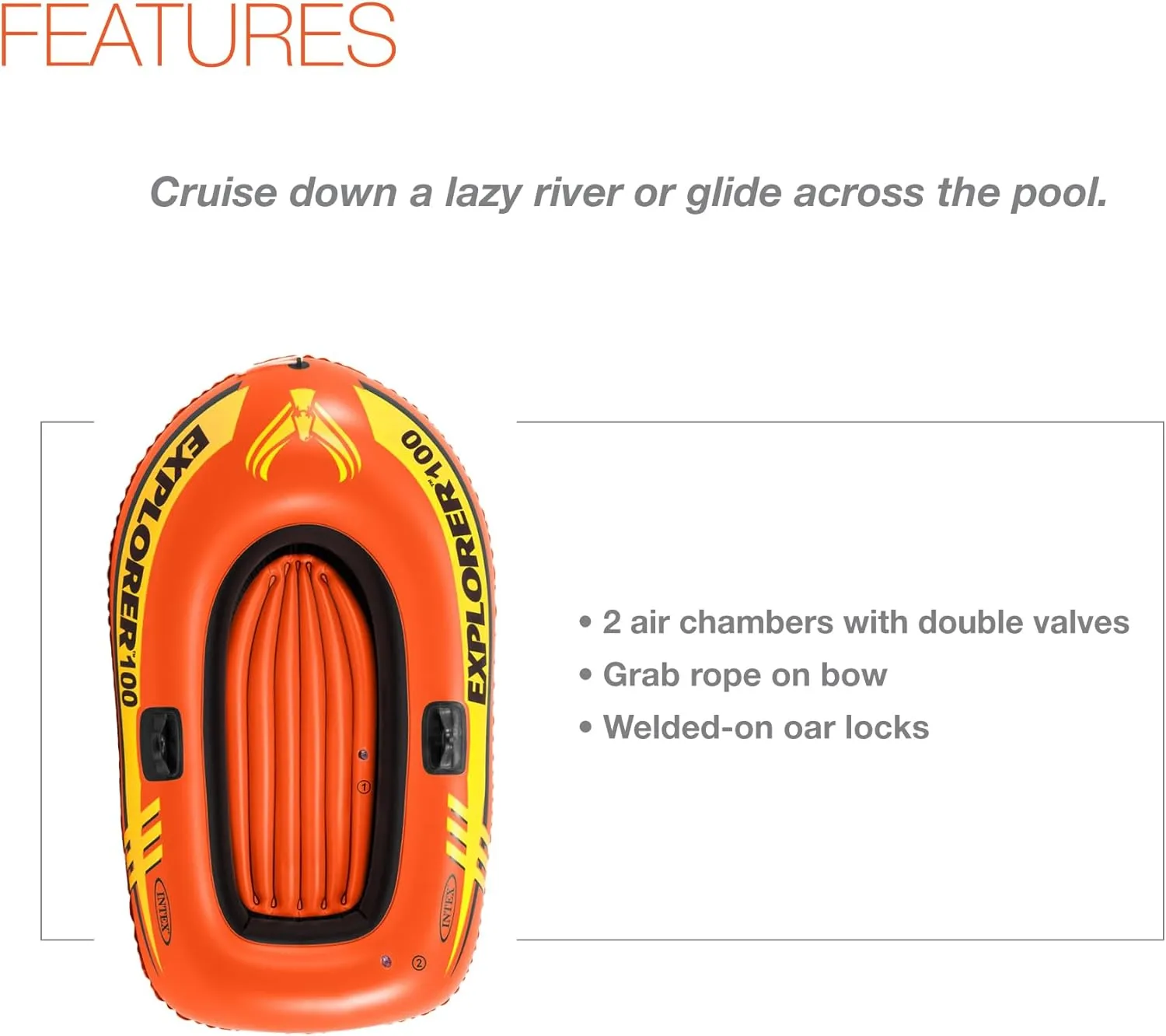 INTEX Explorer Inflatable Boat Series: Dual Air Chambers  Welded Oar Locks  Grab Handles  Bow Rope  Sporty Design