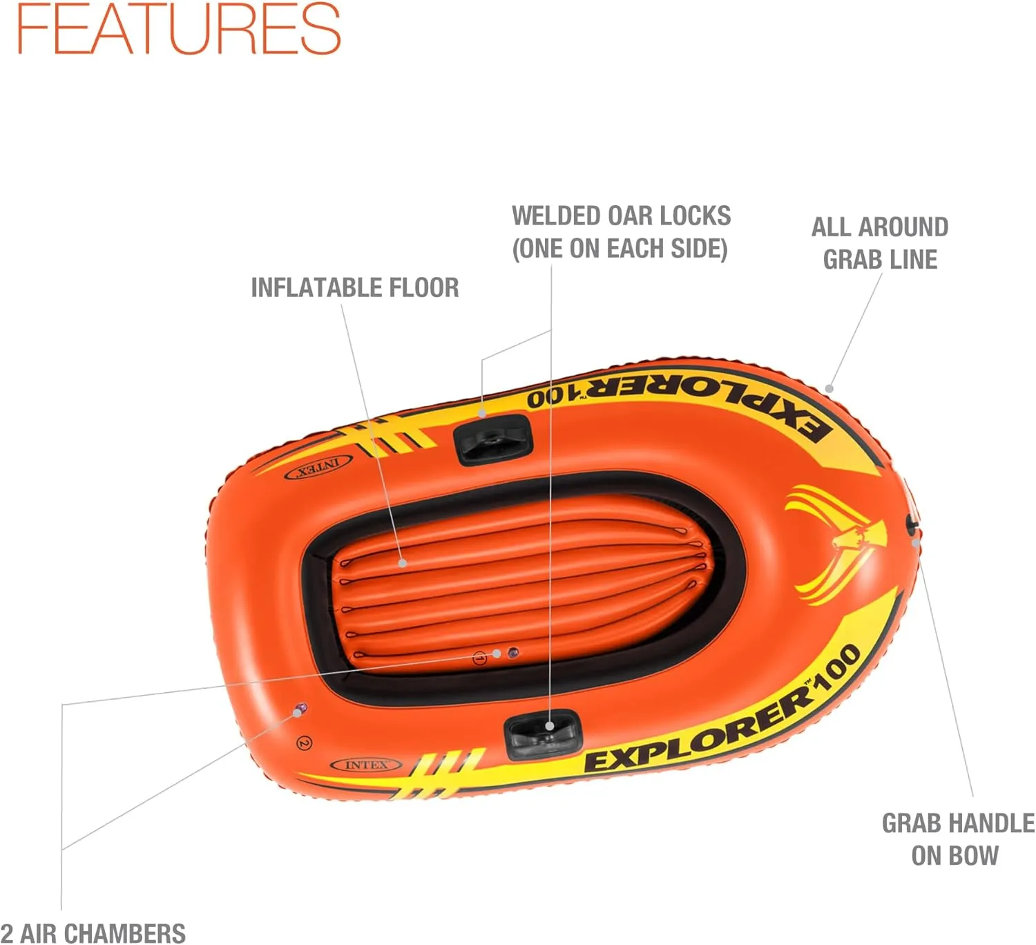 INTEX Explorer Inflatable Boat Series: Dual Air Chambers  Welded Oar Locks  Grab Handles  Bow Rope  Sporty Design