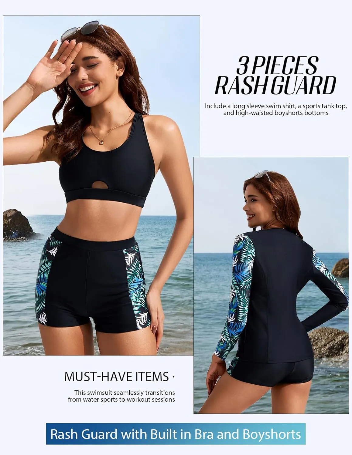 Kate Kasin Women's 3 Piece Rash Guard UV Sun Protection Long Sleeve Swimsuits Built-in Bra Zip Up Swim Shirts with Boyshorts