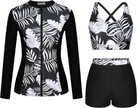 Kate Kasin Women's 3 Piece Rash Guard UV Sun Protection Long Sleeve Swimsuits Built-in Bra Zip Up Swim Shirts with Boyshorts