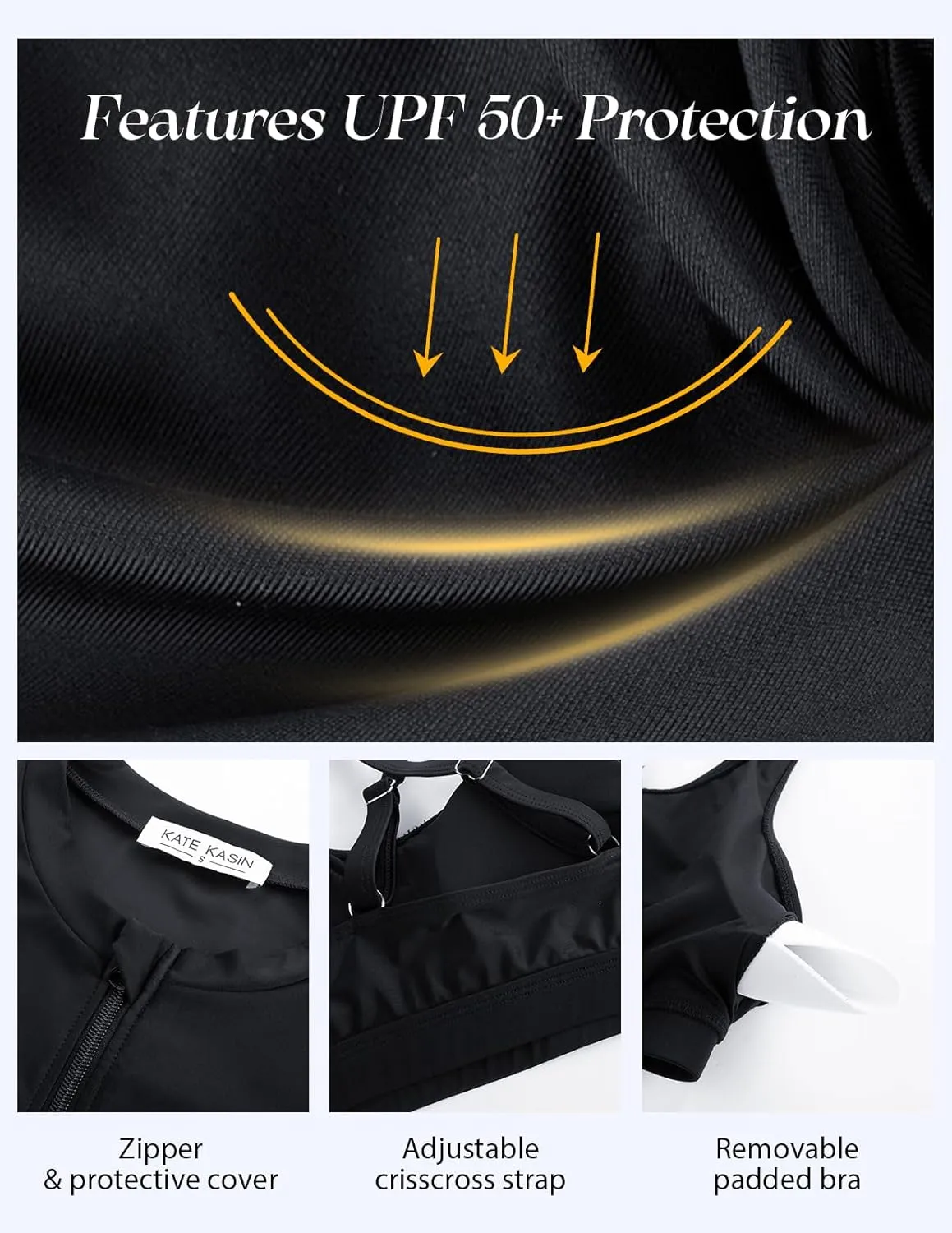 Kate Kasin Women's 3 Piece Rash Guard UV Sun Protection Long Sleeve Swimsuits Built-in Bra Zip Up Swim Shirts with Boyshorts