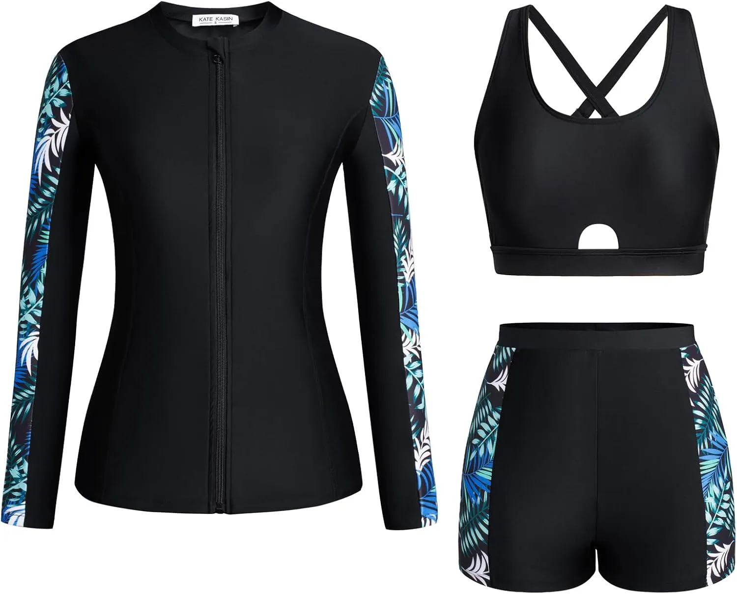 Kate Kasin Women's 3 Piece Rash Guard UV Sun Protection Long Sleeve Swimsuits Built-in Bra Zip Up Swim Shirts with Boyshorts