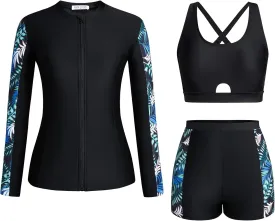 Kate Kasin Women's 3 Piece Rash Guard UV Sun Protection Long Sleeve Swimsuits Built-in Bra Zip Up Swim Shirts with Boyshorts