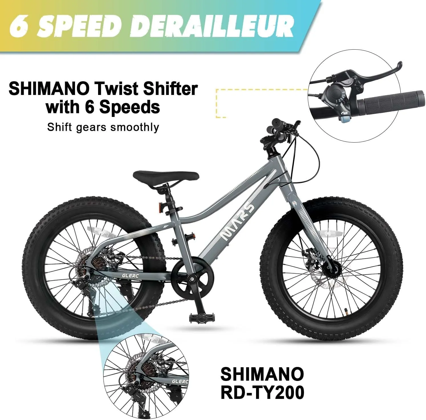 Mars Kids Mountain Bike, 20 24 Inch Fat Tire Bike for Teen Ages 6-14 Year Old, Bicycle with 2.8-Inch Wide Tires and 6 Speed Drivetrain, Multiple Colors