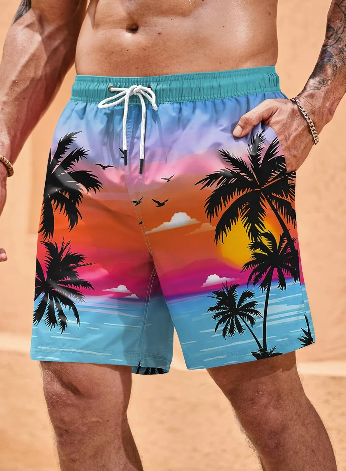 Men Swim Trunks Quick Dry Graphic Compression Liner 6'' Inseam Beach Summer Board Shorts (S-XXL)