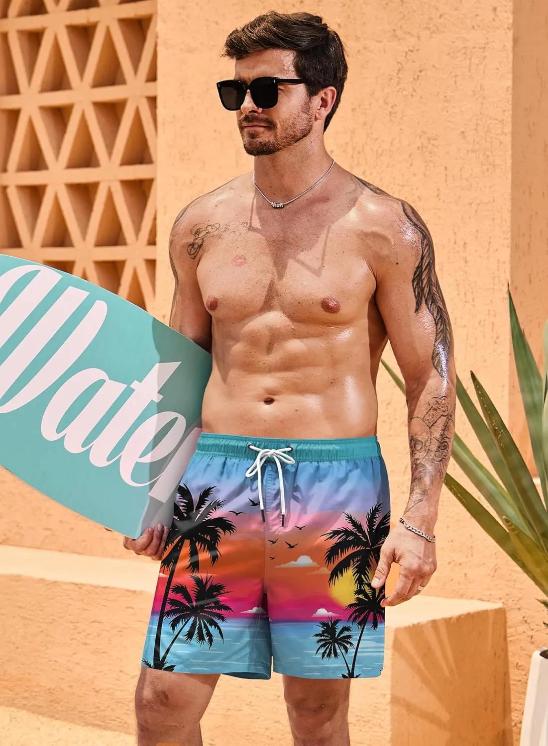 Men Swim Trunks Quick Dry Graphic Compression Liner 6'' Inseam Beach Summer Board Shorts (S-XXL)