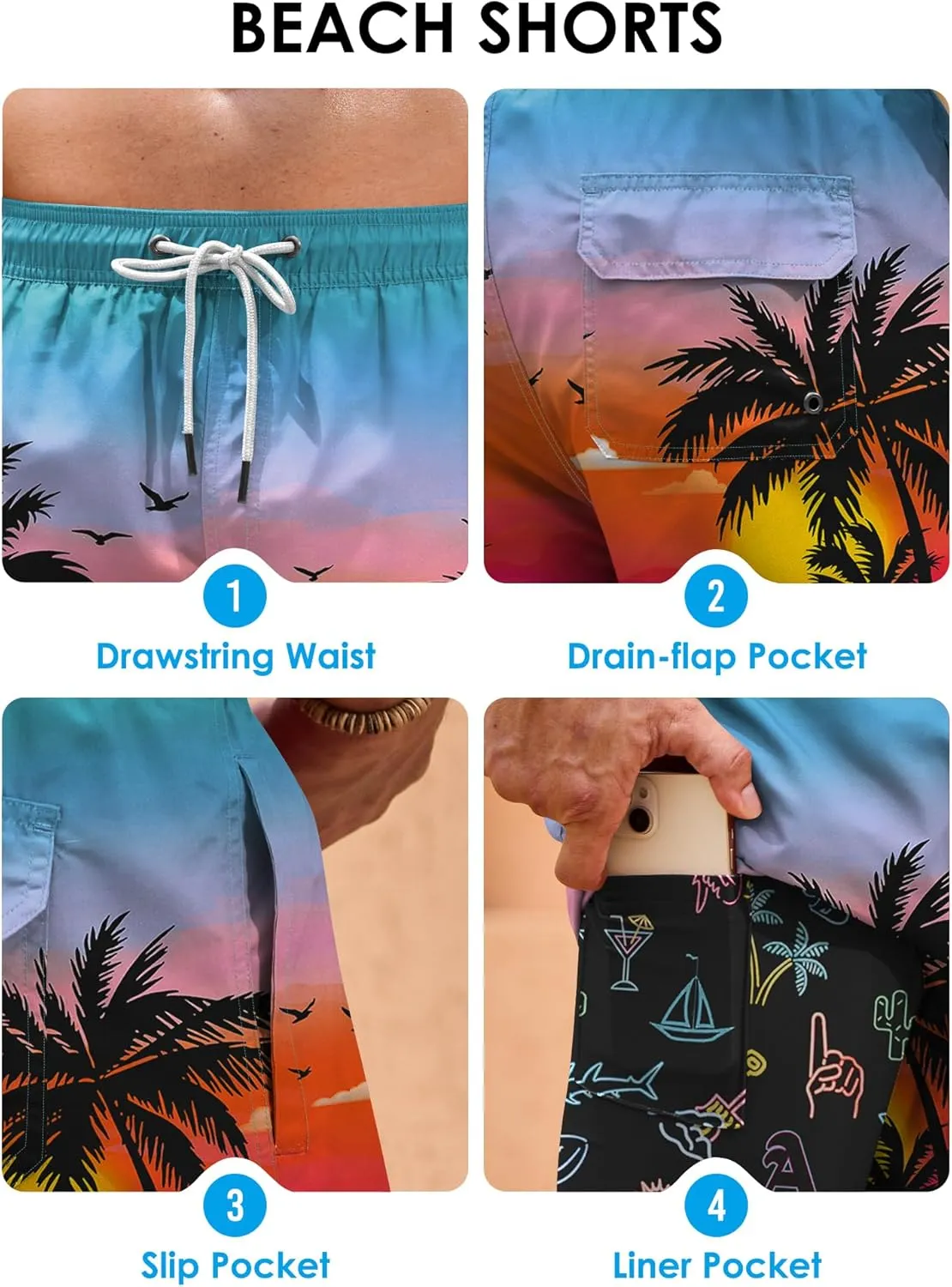 Men Swim Trunks Quick Dry Graphic Compression Liner 6'' Inseam Beach Summer Board Shorts (S-XXL)