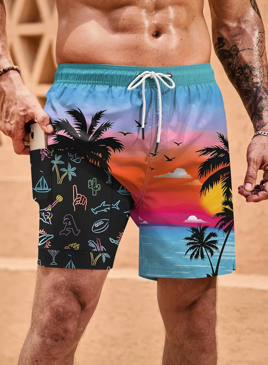 Men Swim Trunks Quick Dry Graphic Compression Liner 6'' Inseam Beach Summer Board Shorts (S-XXL)