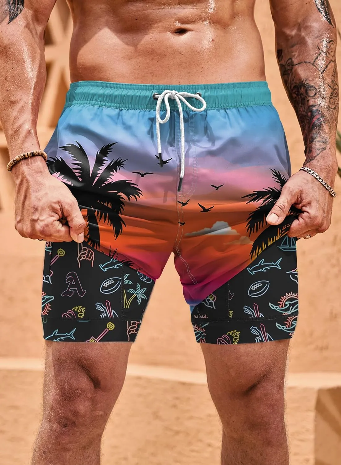 Men Swim Trunks Quick Dry Graphic Compression Liner 6'' Inseam Beach Summer Board Shorts (S-XXL)