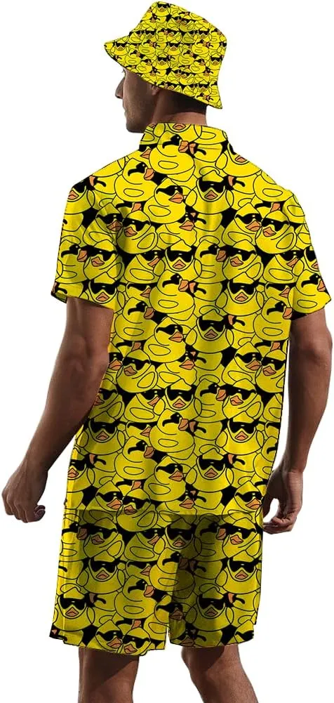 Mens 2 Piece Tracksuit Hawaiian Button Down Shirt and Compression Liner Shorts Sets with Bucket Hats