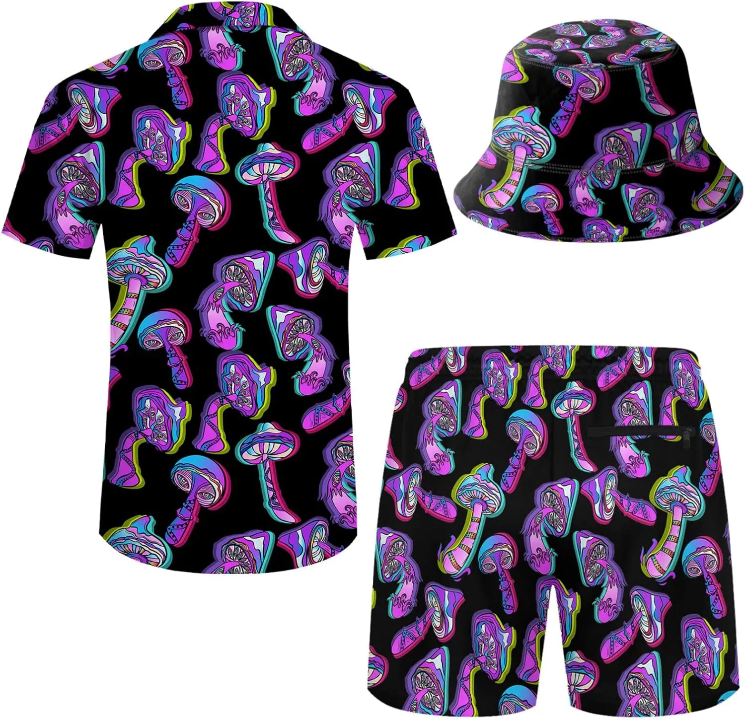 Mens 2 Piece Tracksuit Hawaiian Button Down Shirt and Compression Liner Shorts Sets with Bucket Hats