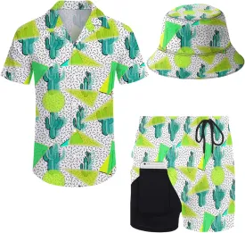 Mens 2 Piece Tracksuit Hawaiian Button Down Shirt and Compression Liner Shorts Sets with Bucket Hats