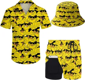 Mens 2 Piece Tracksuit Hawaiian Button Down Shirt and Compression Liner Shorts Sets with Bucket Hats