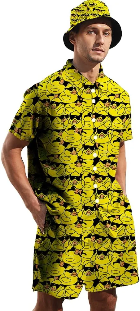 Mens 2 Piece Tracksuit Hawaiian Button Down Shirt and Compression Liner Shorts Sets with Bucket Hats