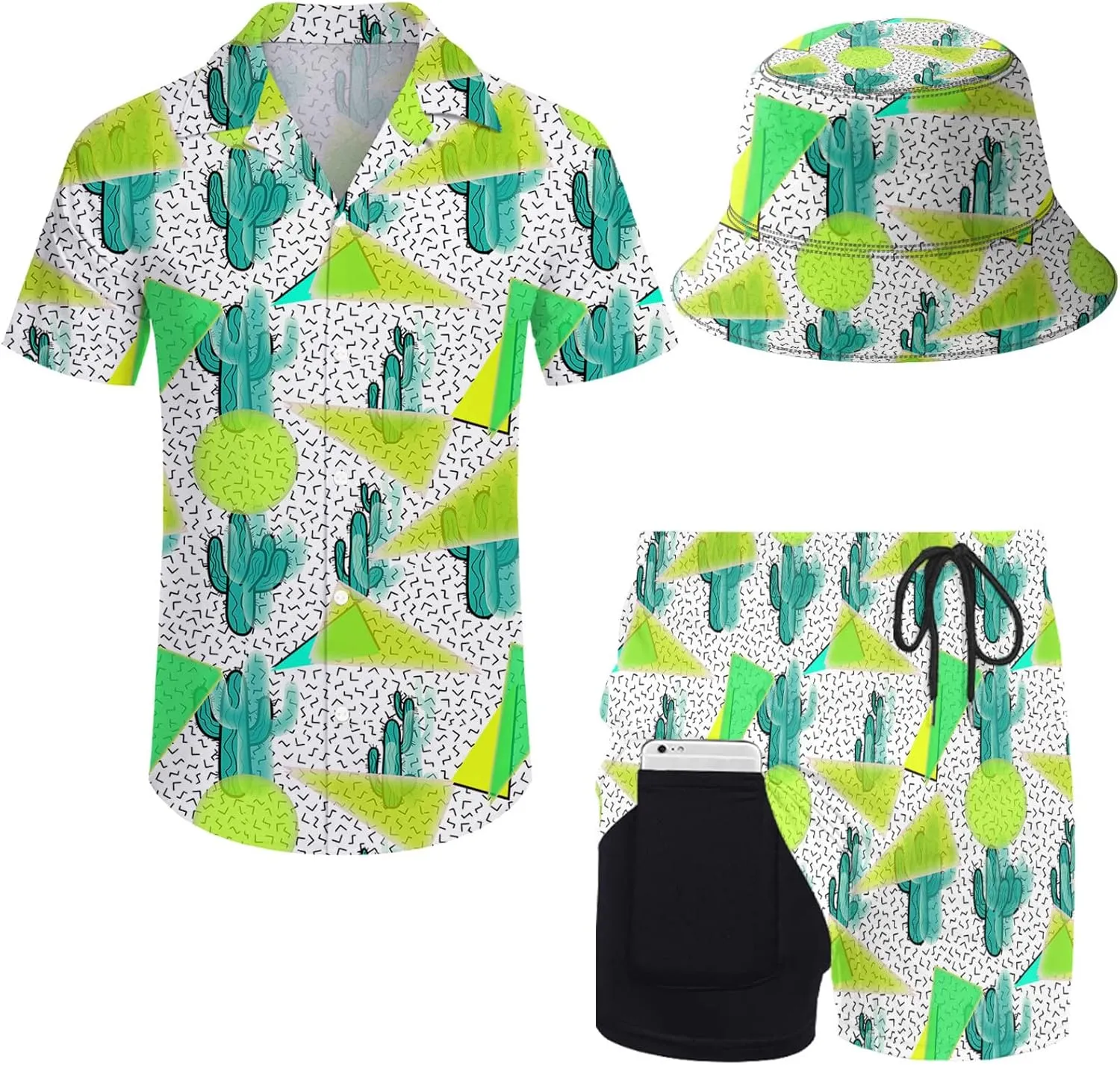Mens 2 Piece Tracksuit Hawaiian Button Down Shirt and Compression Liner Shorts Sets with Bucket Hats