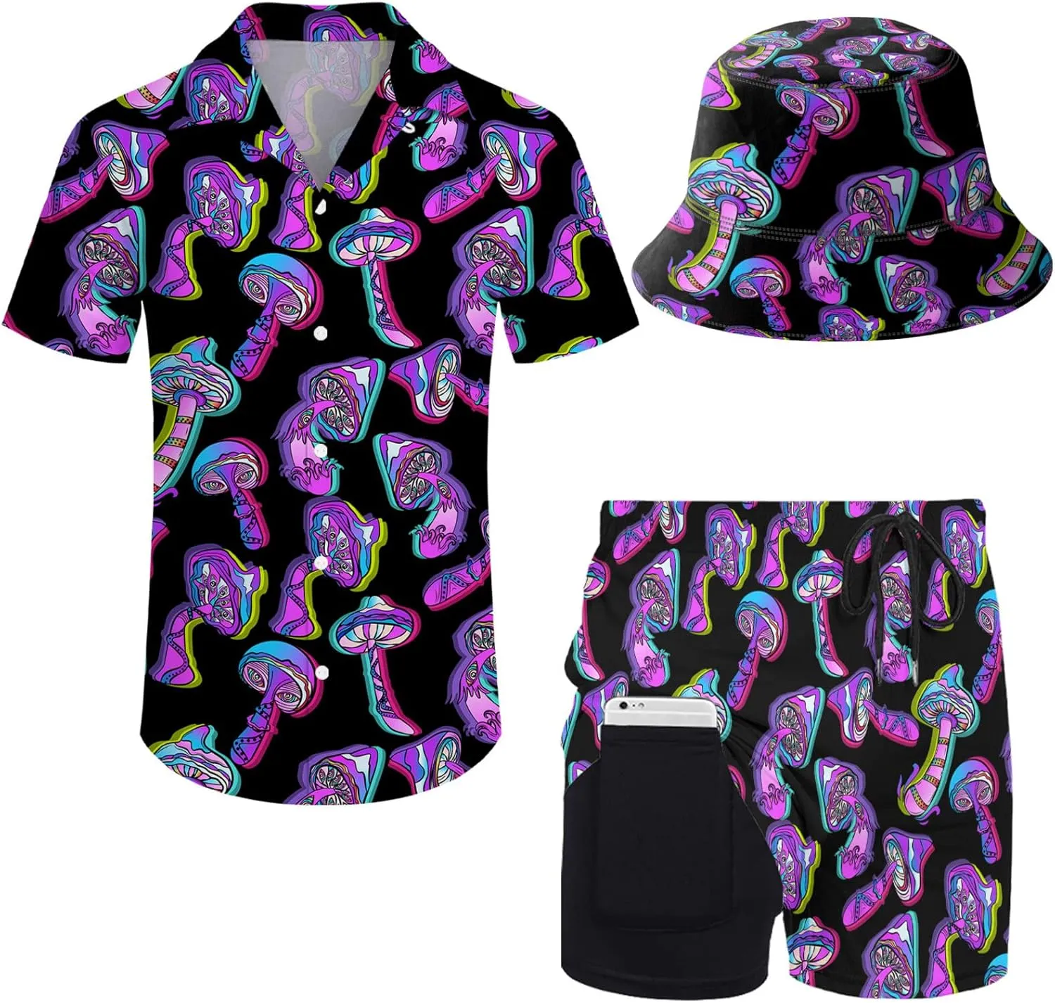 Mens 2 Piece Tracksuit Hawaiian Button Down Shirt and Compression Liner Shorts Sets with Bucket Hats
