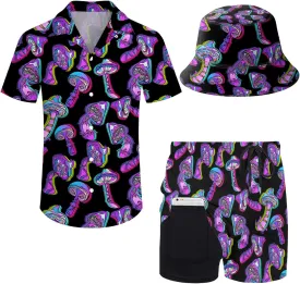 Mens 2 Piece Tracksuit Hawaiian Button Down Shirt and Compression Liner Shorts Sets with Bucket Hats