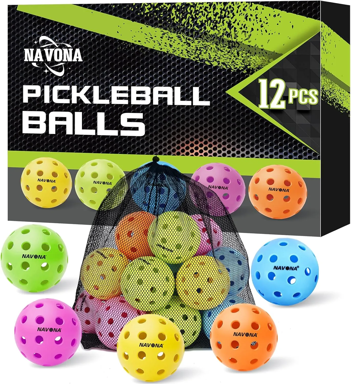 Navona 12 Pack Premium 40-Holes Colorful Outdoor Pickleball Balls, Meet USAPA Official Requirement, Perfectly Balanced, High Bounce True Flight, Durable Outdoor Pickleball Set