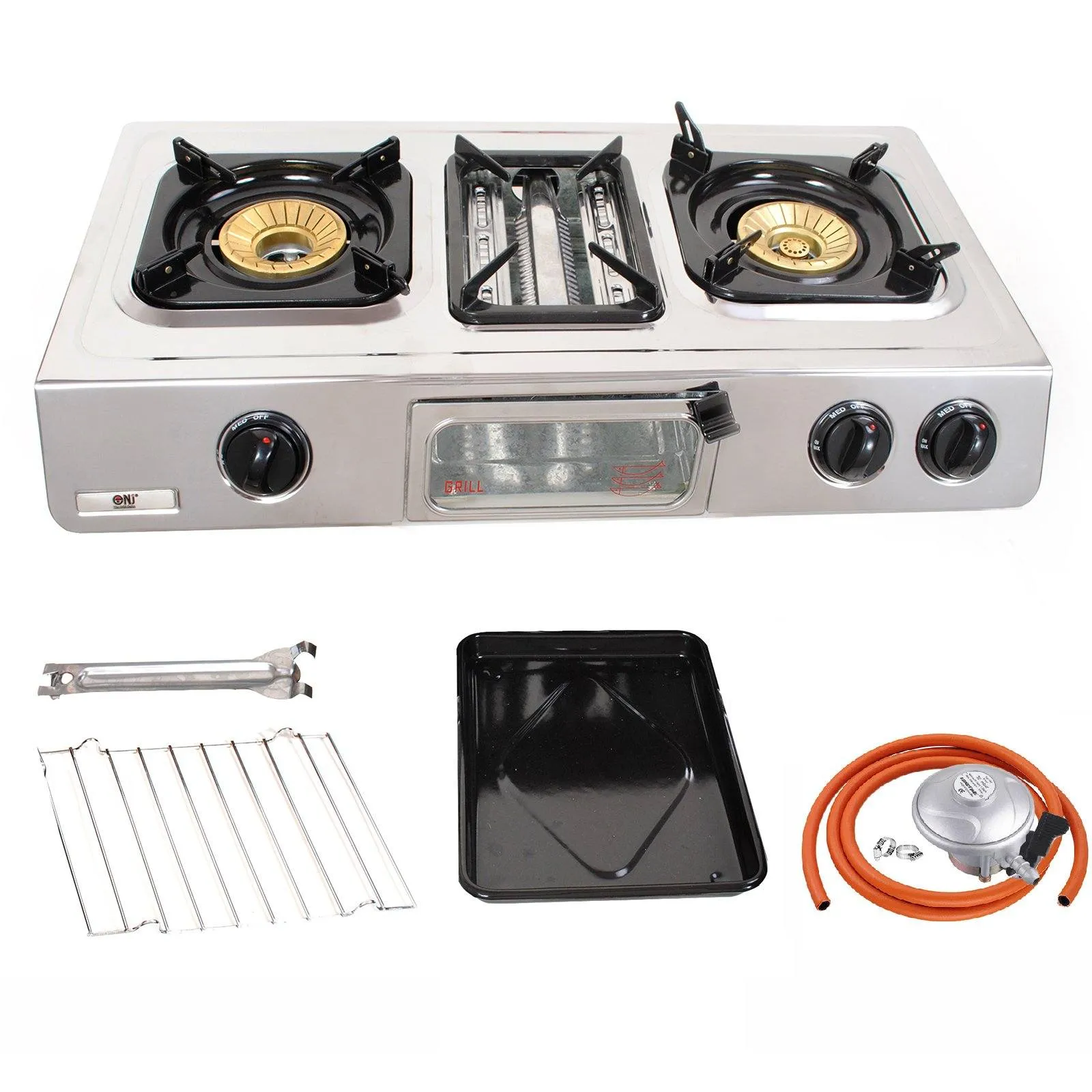 NJ GC-87 Camping Stainless Steel Gas Stove 3 Burners with Grill & Oven 9.7kW
