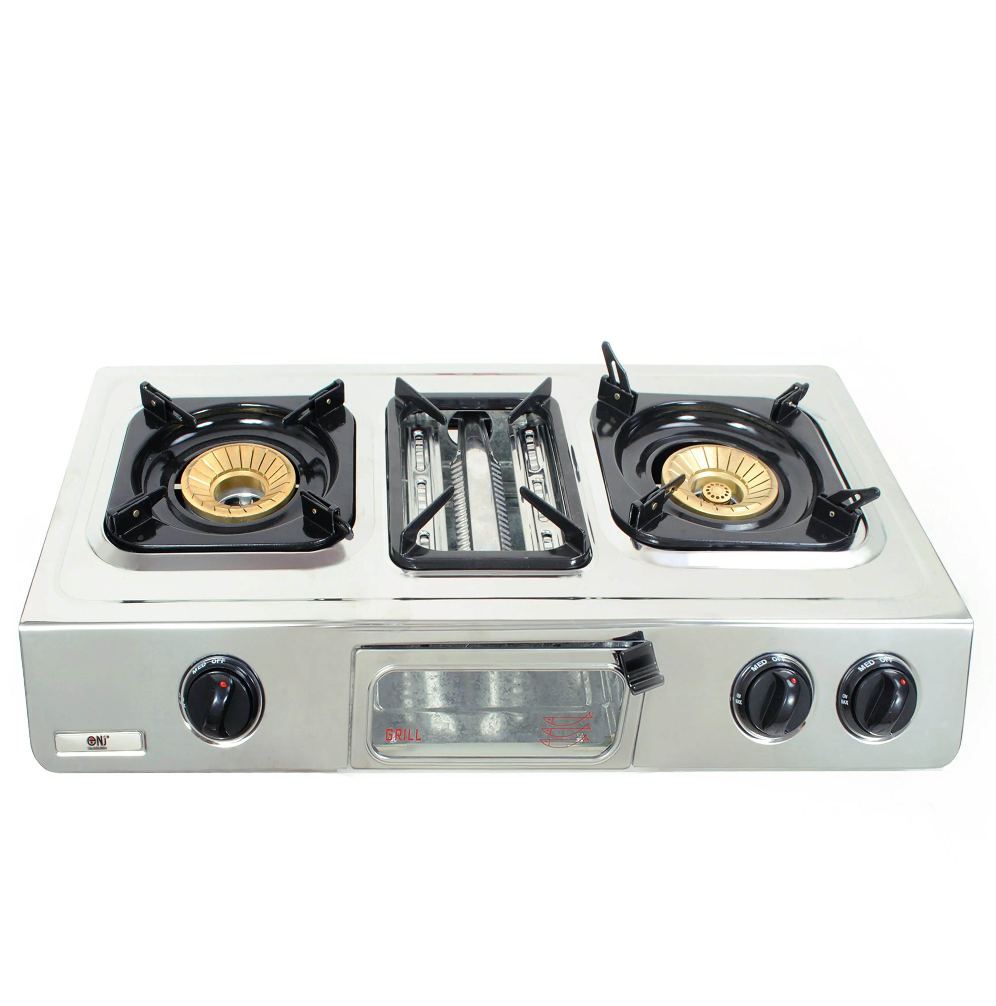 NJ GC-87 Camping Stainless Steel Gas Stove 3 Burners with Grill & Oven 9.7kW