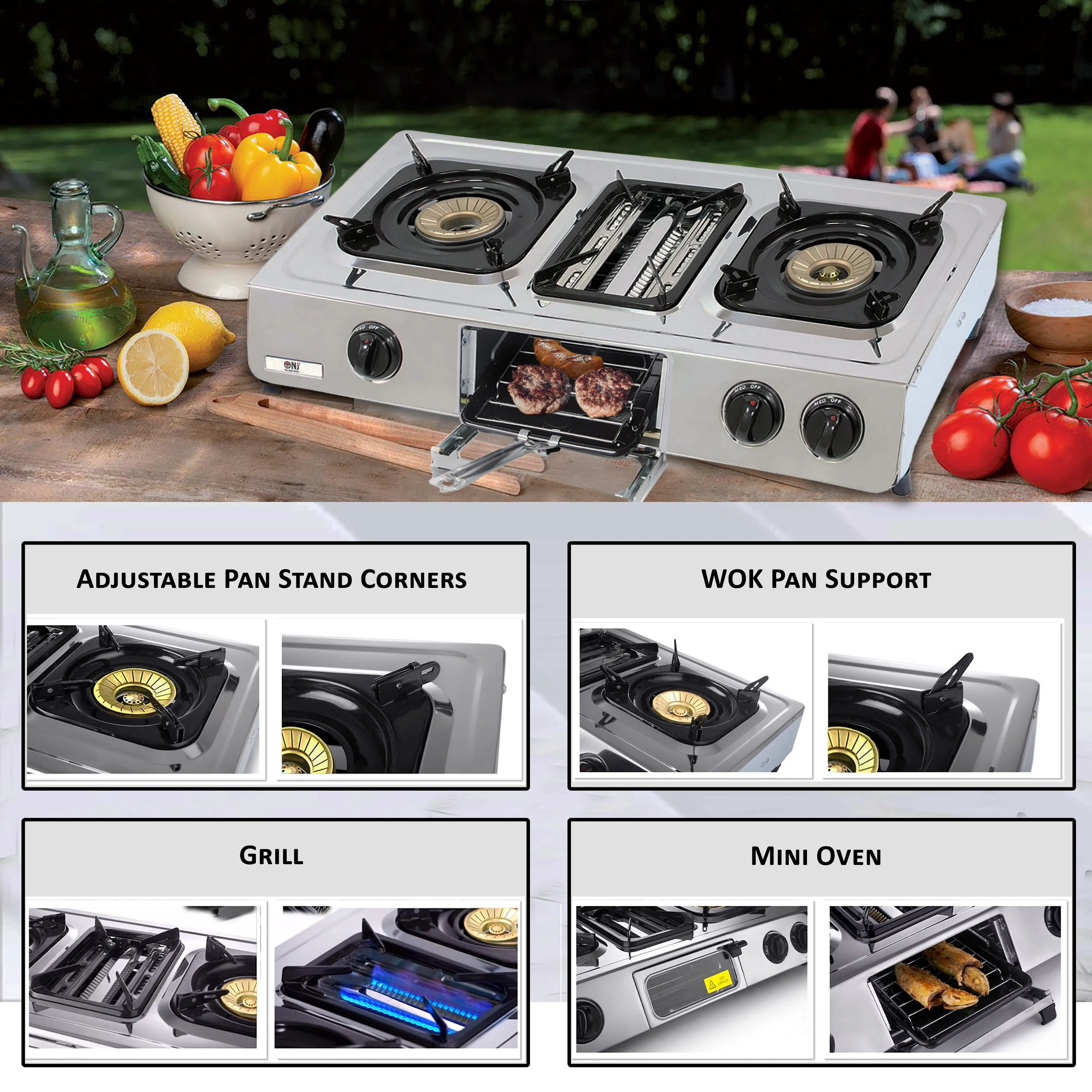 NJ GC-87 Camping Stainless Steel Gas Stove 3 Burners with Grill & Oven 9.7kW