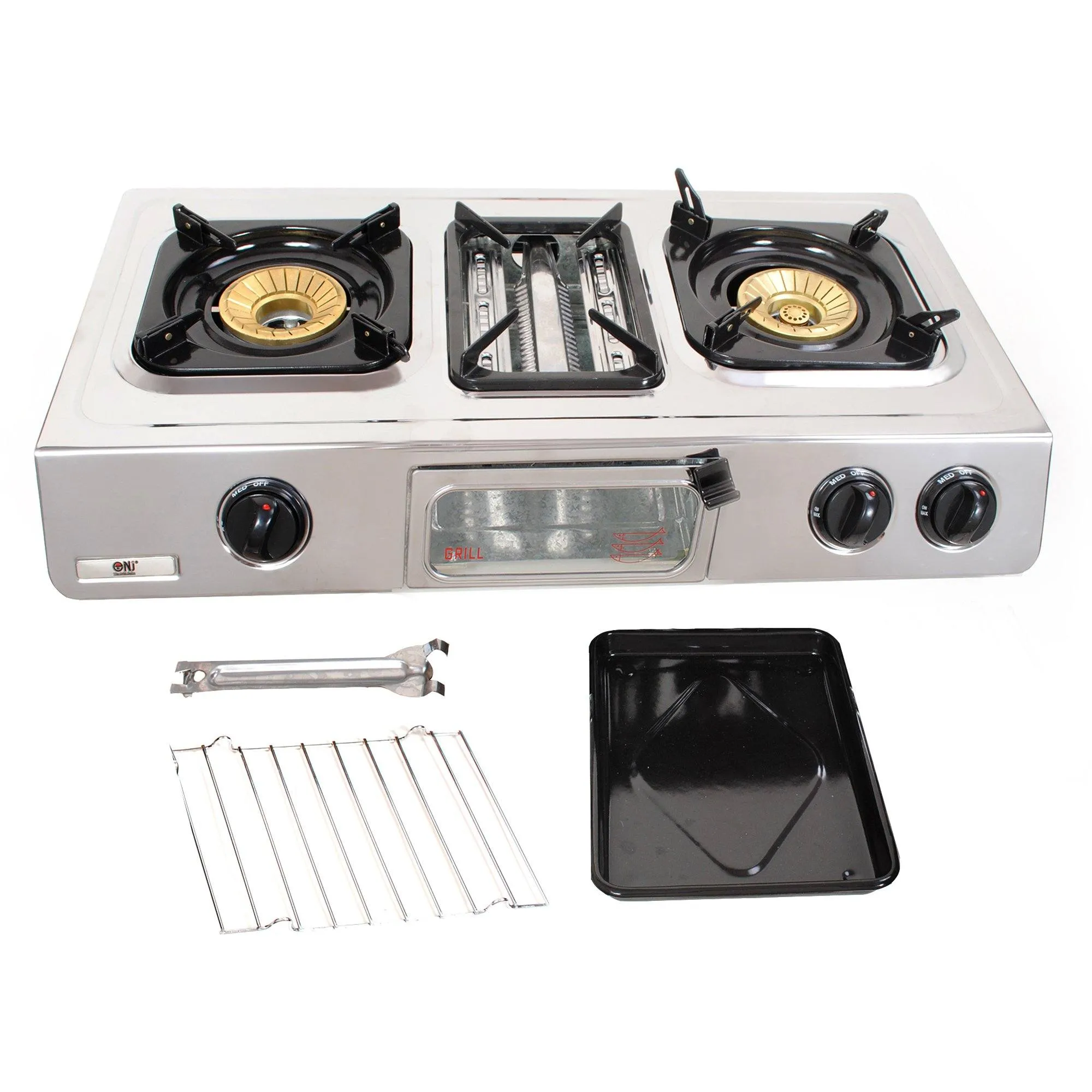 NJ GC-87 Camping Stainless Steel Gas Stove 3 Burners with Grill & Oven 9.7kW