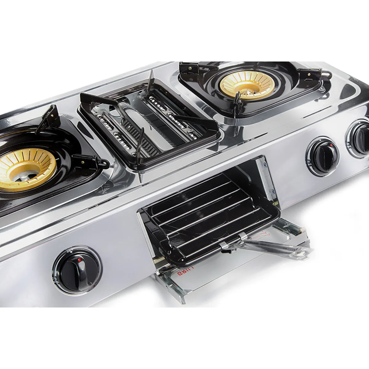 NJ GC-87 Camping Stainless Steel Gas Stove 3 Burners with Grill & Oven 9.7kW