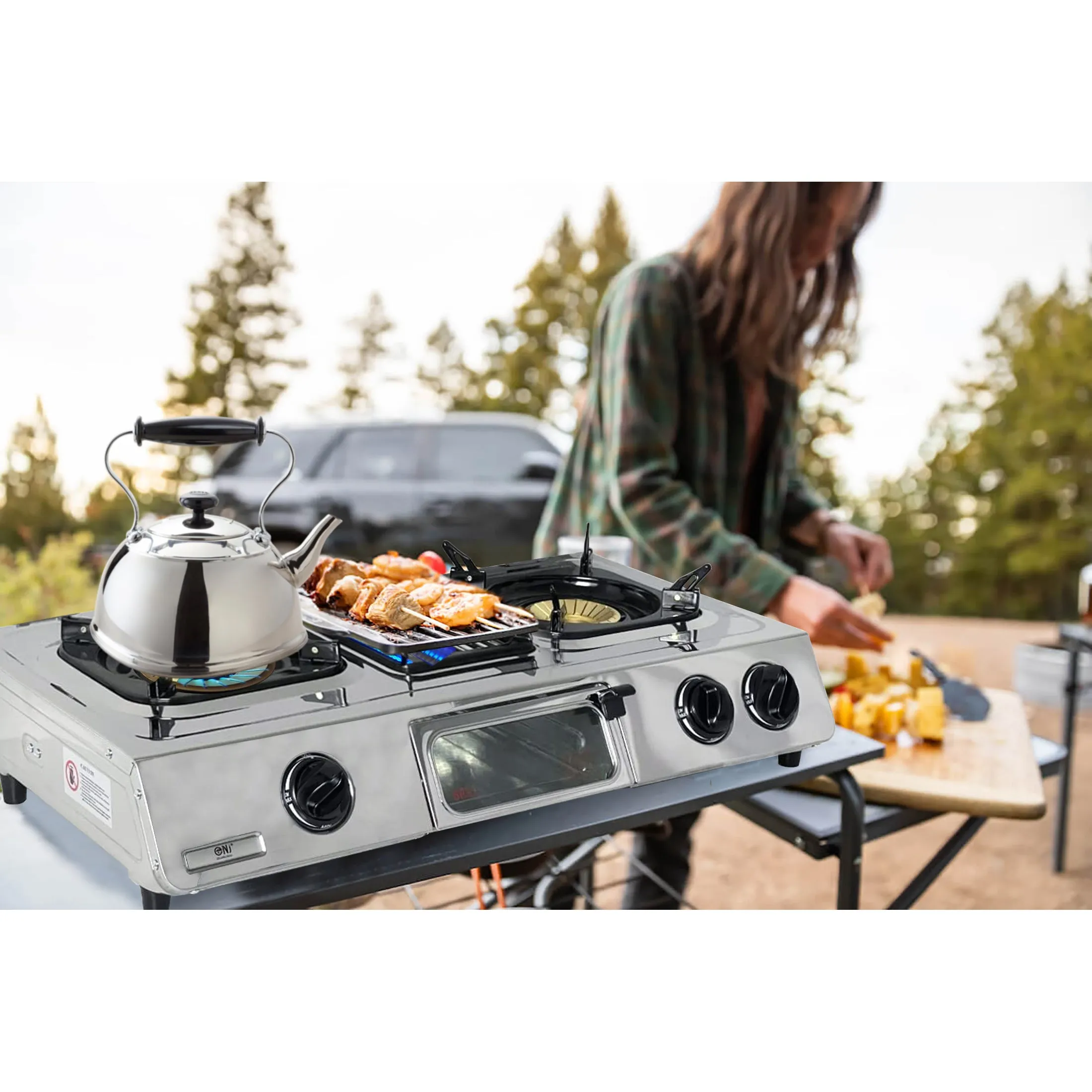 NJ GC-87 Camping Stainless Steel Gas Stove 3 Burners with Grill & Oven 9.7kW