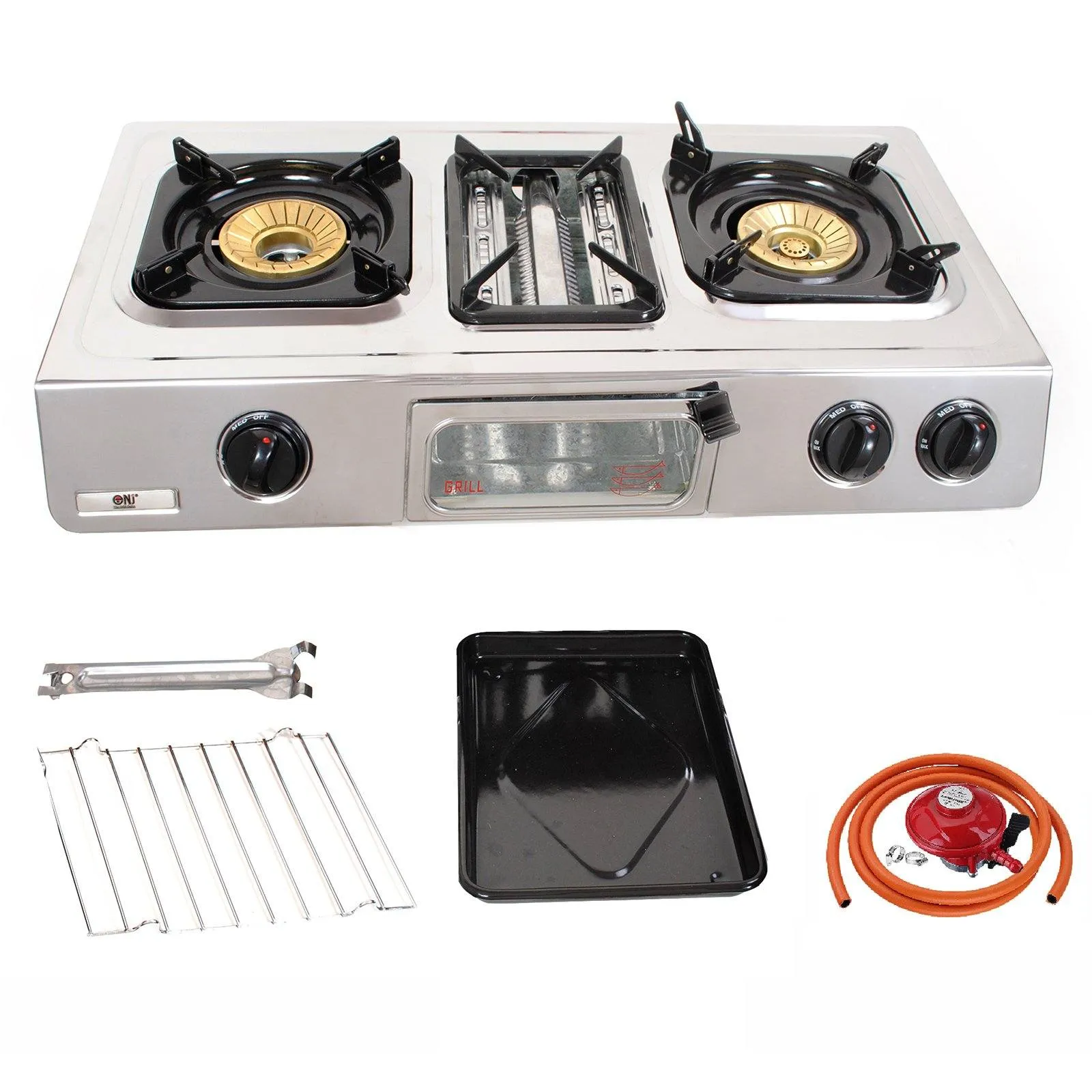 NJ GC-87 Camping Stainless Steel Gas Stove 3 Burners with Grill & Oven 9.7kW