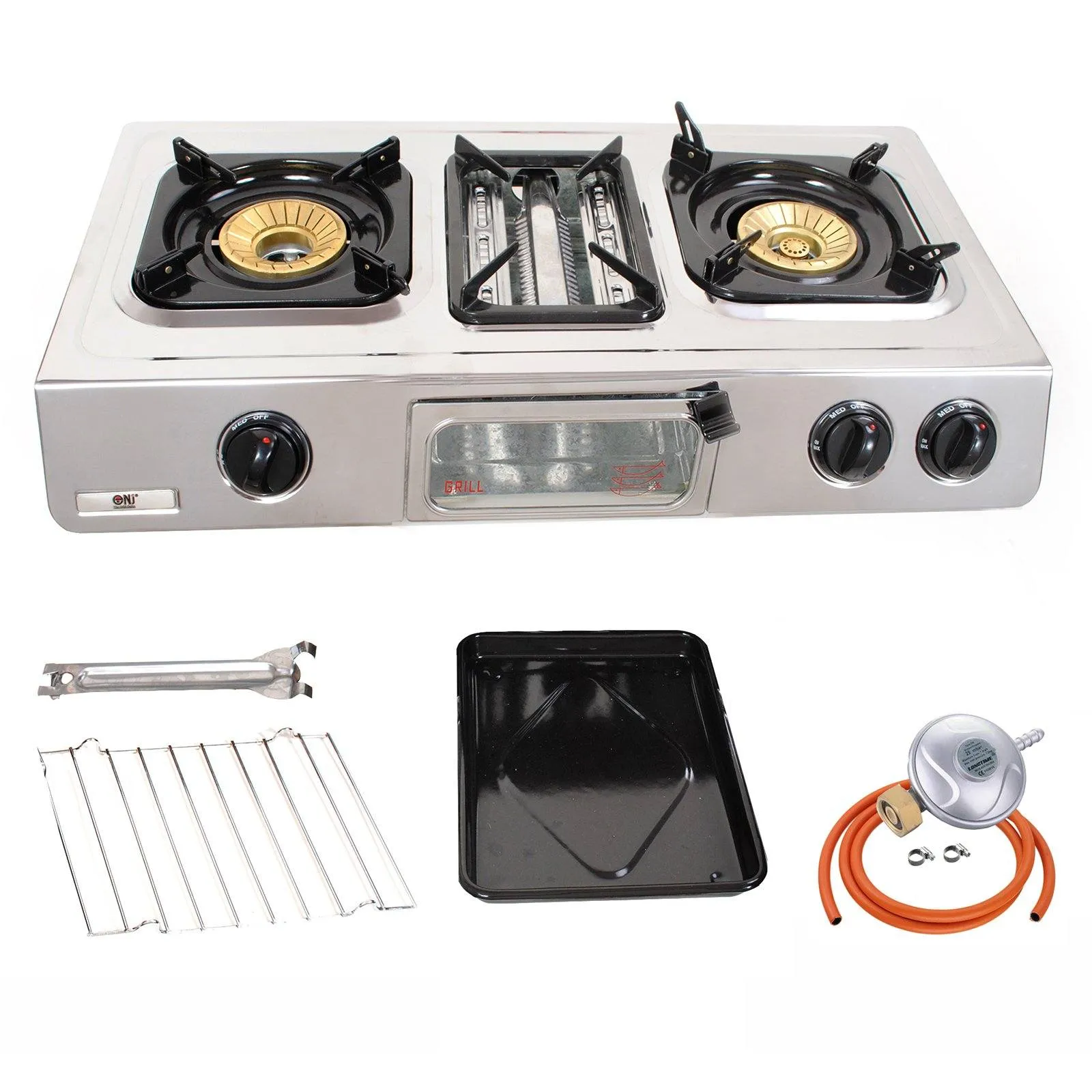 NJ GC-87 Camping Stainless Steel Gas Stove 3 Burners with Grill & Oven 9.7kW