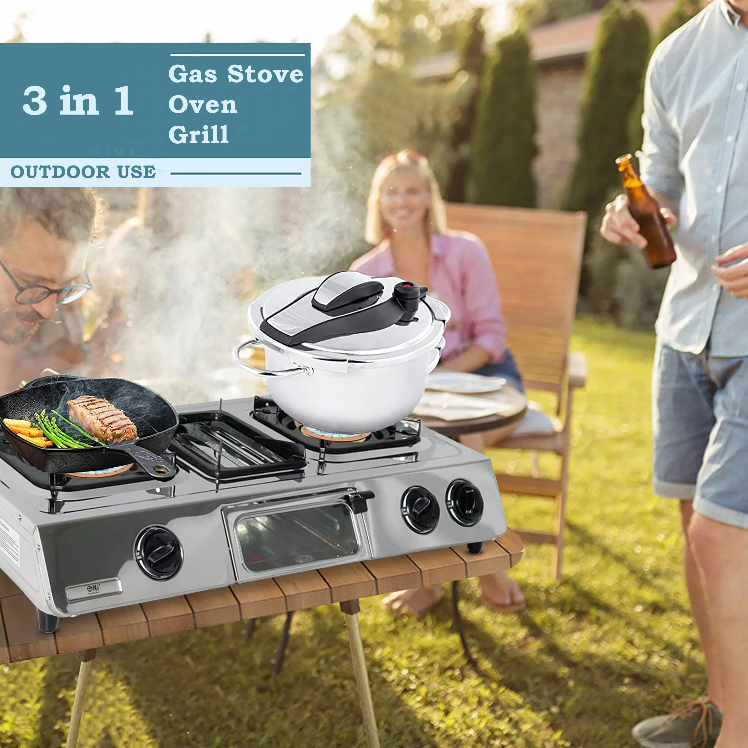 NJ GC-87 Camping Stainless Steel Gas Stove 3 Burners with Grill & Oven 9.7kW