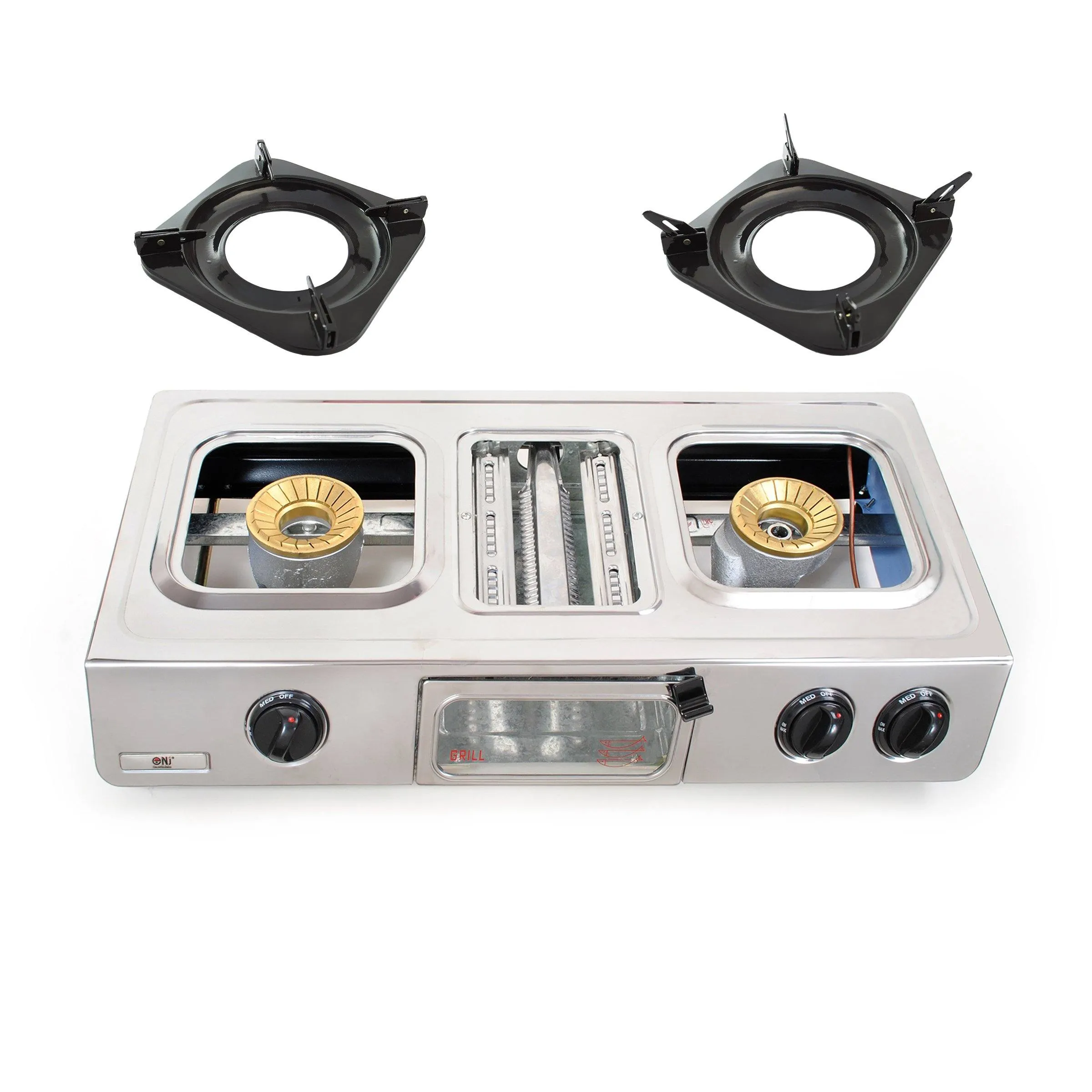 NJ GC-87 Camping Stainless Steel Gas Stove 3 Burners with Grill & Oven 9.7kW