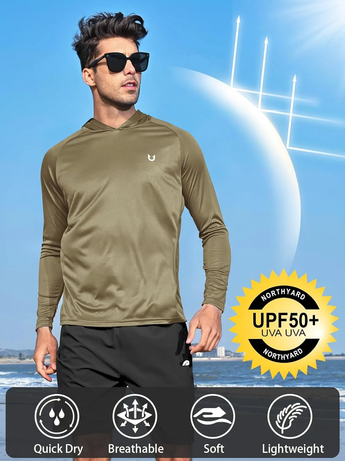 NORTHYARD Men's UPF 50  Hoodie Shirts Long Sleeve Sun Protection Fishing Swim Lightweight UV SPF Running Rash Guard Quick Dry