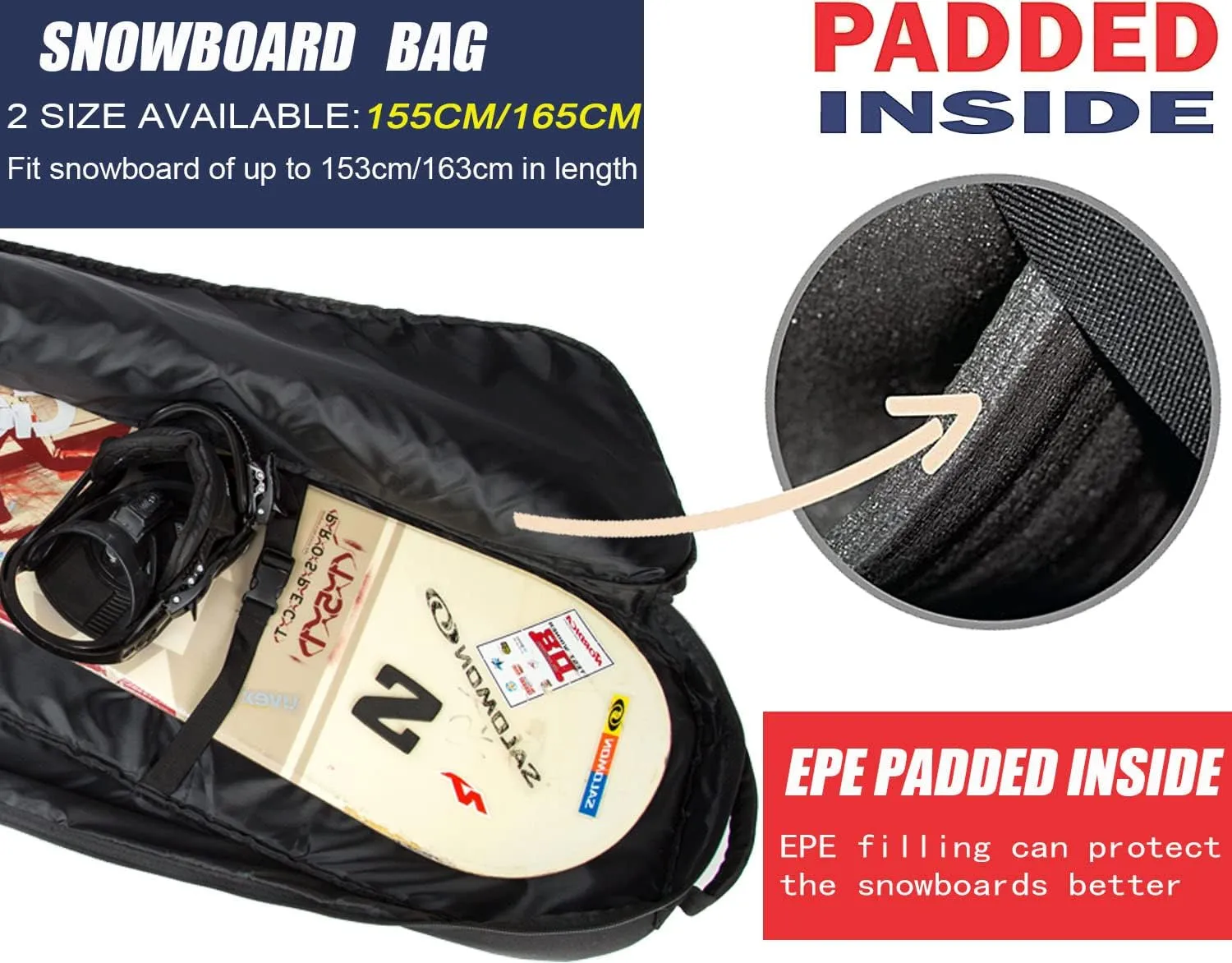 Padded Snowboard Bag- Perfect for Air Plane Travel for Snowboard, Goggles, Gloves, Ski Outdoor Camping,Available Length in 155cm 165cm.