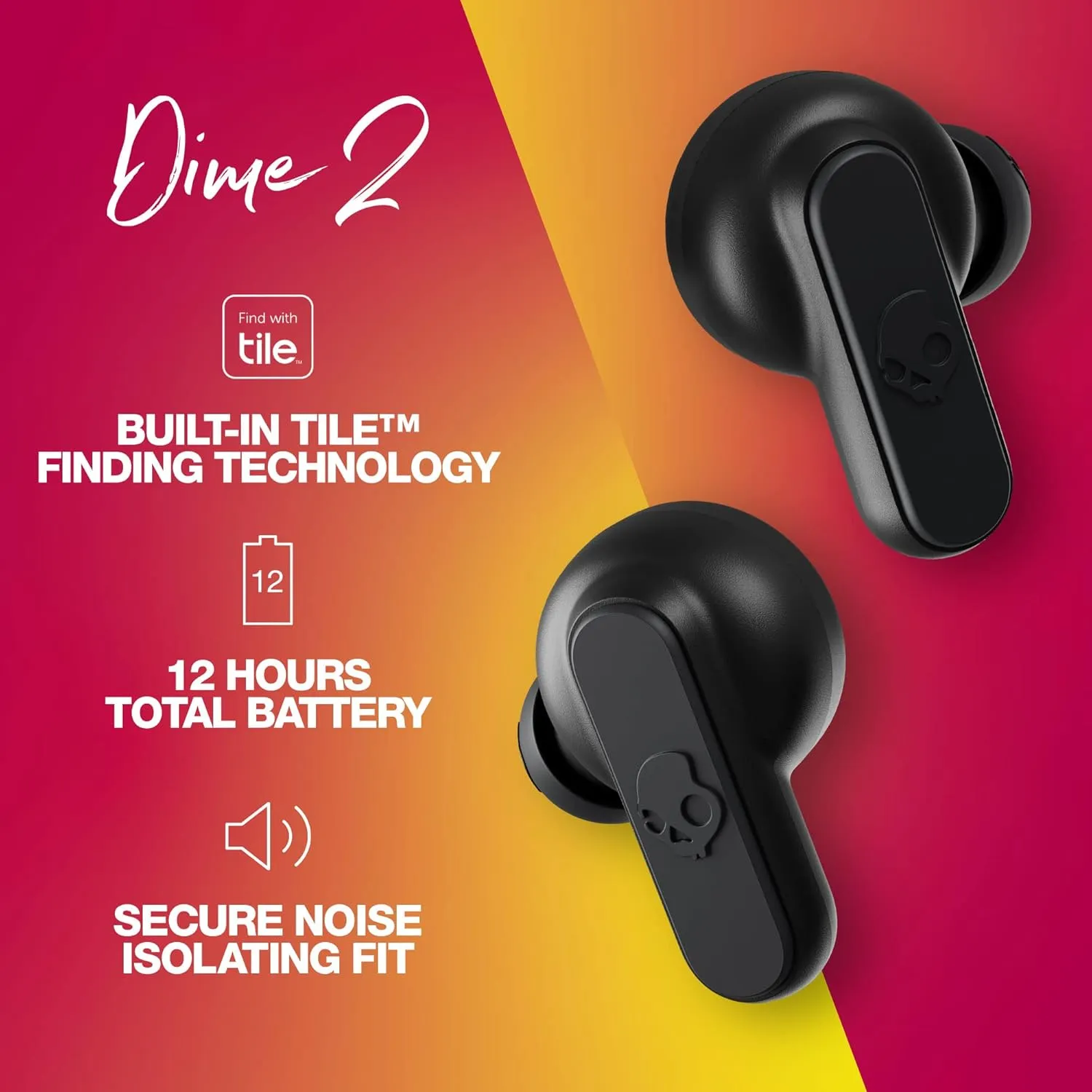 Skullcandy Dime 2 Wireless Earbuds, Bluetooth Headphones, Noise Isolating Fit, Up to 12 Hours Battery, Microphone for iPhone Android, Easy Carry with Integrated Lanyard - True Black