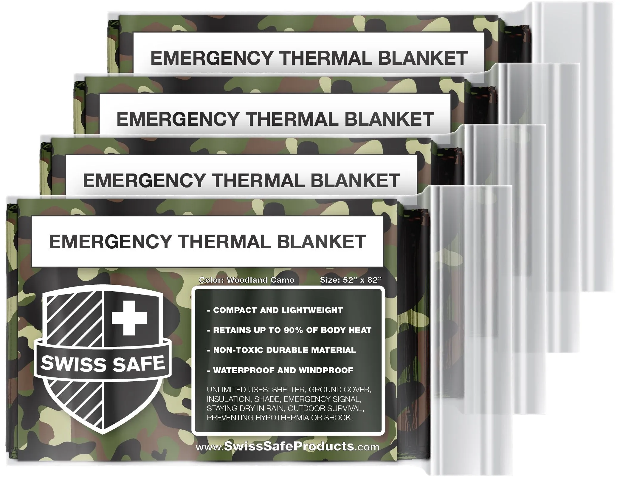 Swiss Safe Emergency Mylar Thermal Blankets (4-Pack)   Bonus Signature Gold Foil Space Blanket: Designed for NASA, Outdoors, Hiking, Survival, Marathons or First Aid (Woodland Camouflage)