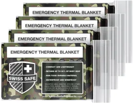 Swiss Safe Emergency Mylar Thermal Blankets (4-Pack)   Bonus Signature Gold Foil Space Blanket: Designed for NASA, Outdoors, Hiking, Survival, Marathons or First Aid (Woodland Camouflage)