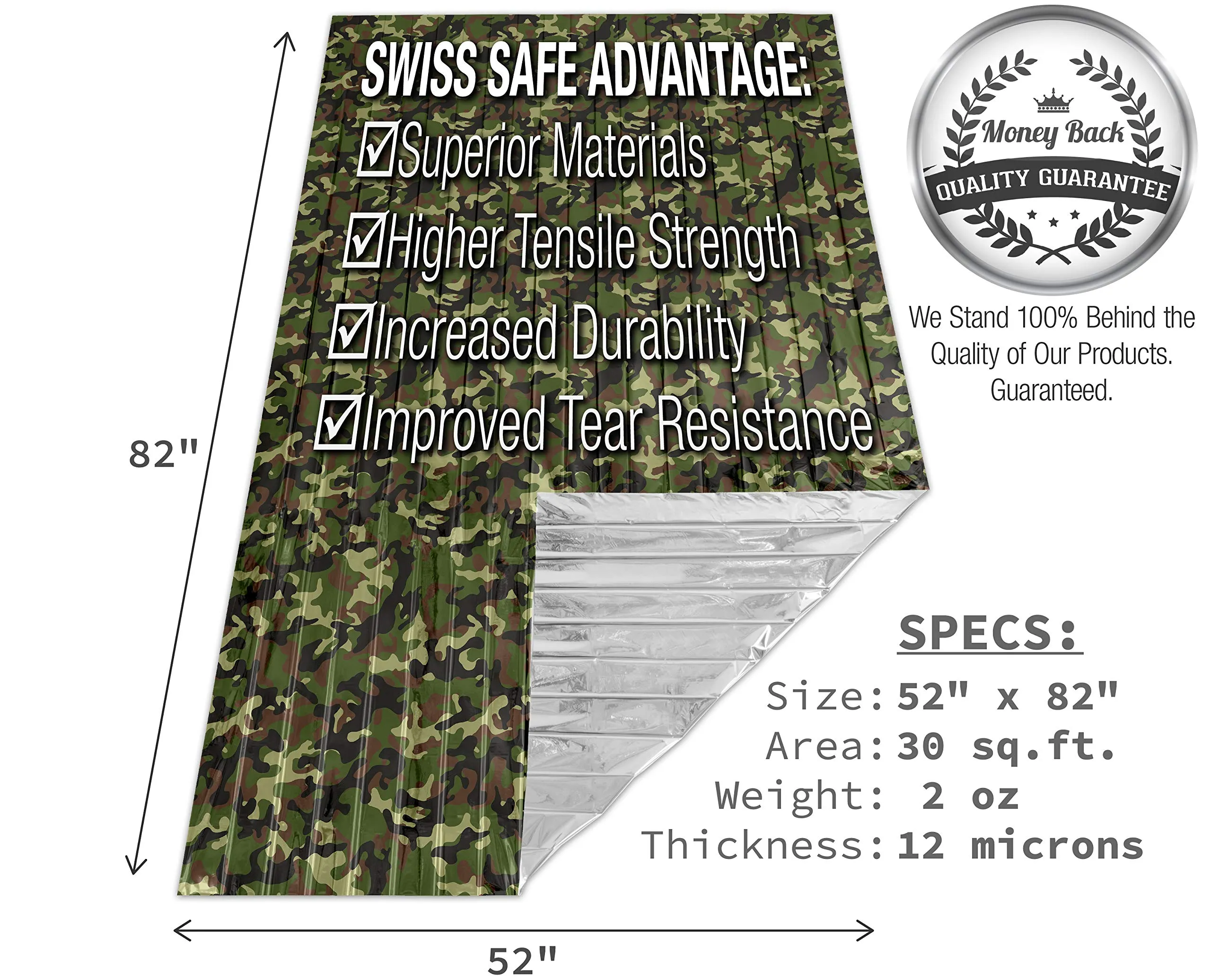 Swiss Safe Emergency Mylar Thermal Blankets (4-Pack)   Bonus Signature Gold Foil Space Blanket: Designed for NASA, Outdoors, Hiking, Survival, Marathons or First Aid (Woodland Camouflage)