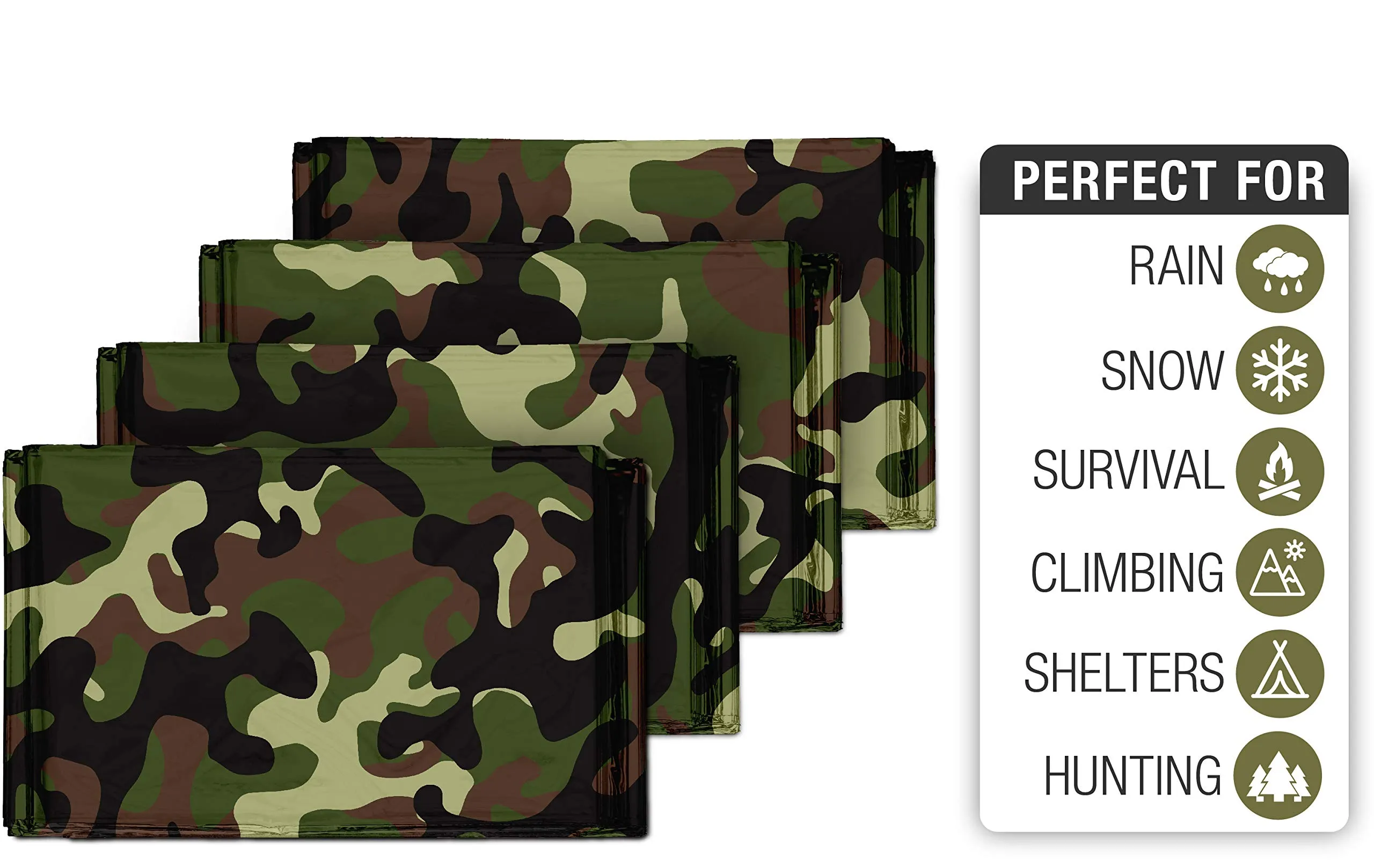 Swiss Safe Emergency Mylar Thermal Blankets (4-Pack)   Bonus Signature Gold Foil Space Blanket: Designed for NASA, Outdoors, Hiking, Survival, Marathons or First Aid (Woodland Camouflage)