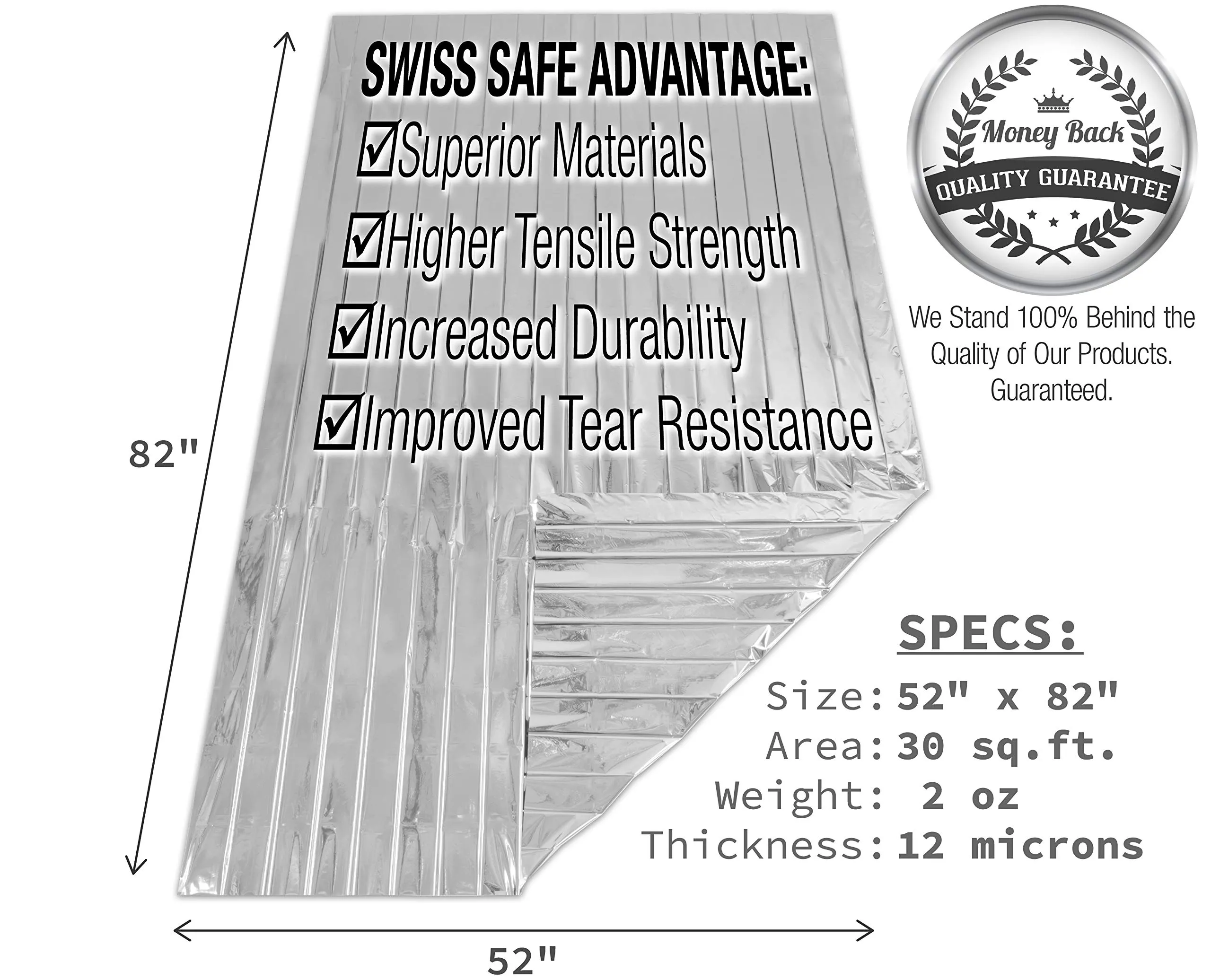 Swiss Safe Emergency Mylar Thermal Blankets (4-Pack)   Bonus Signature Gold Foil Space Blanket: Designed for NASA, Outdoors, Hiking, Survival, Marathons or First Aid