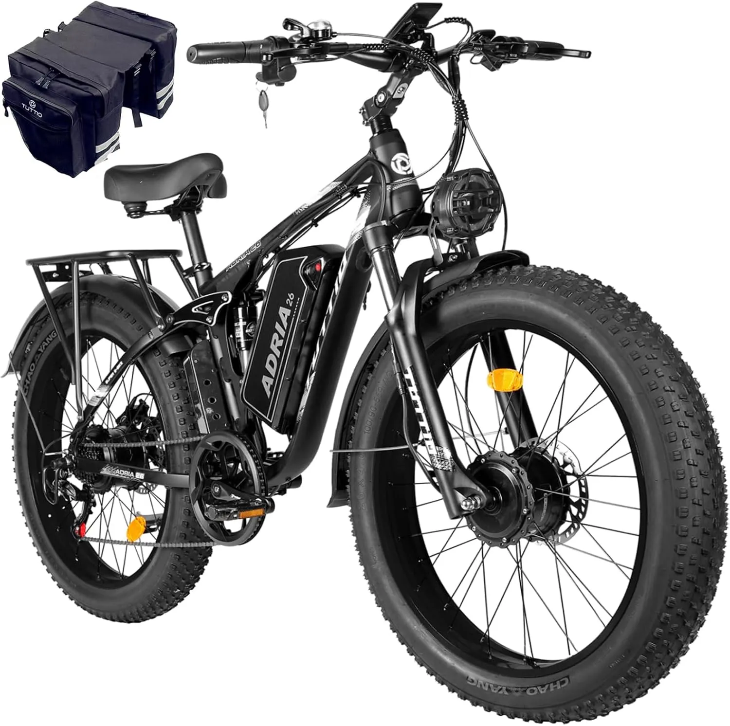 TUTTIO Electric-Bike for Adults-Men, Dual-Motor-Ebike 40-46MPH-Hunting-Ebike, 52V 30AH Long Range Dirtbike, 26" Fat-Tire-Electric-Bicycle, Full Suspension Mountain Bike for Off-Road Snow Sand