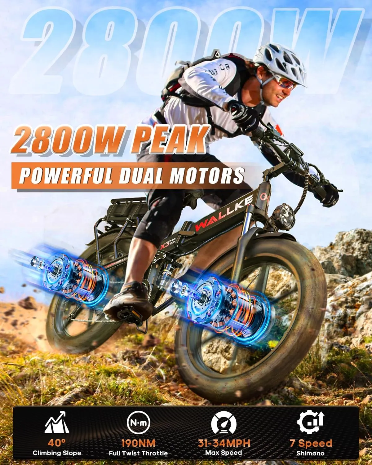 W Wallke Actual 2800W Dual Motor Folding Mountain Electric Bike, 48V 44Ah Battery 170 Mile,26" Fat Tire 35MPH Fast Adult Ebike, Full Suspension Hydraulic Brake, UL2849 Certification
